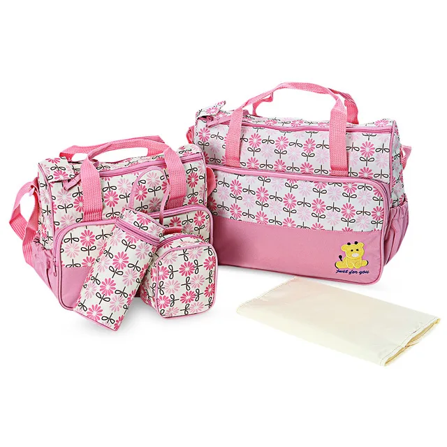 

New 5pcs Multifunctional Reusable Polka Dot Nappy Changing Mummy Handbag Diaper Pad Feeding Bottle Holder Food Bag For Babies