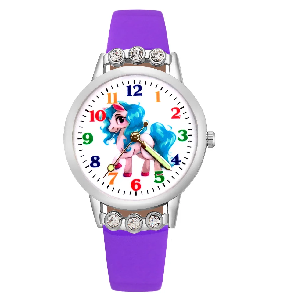 Модные детские часы с милым единорогом, лошадью и кристаллами, кварцевые кожаные Наручные часы JG25
