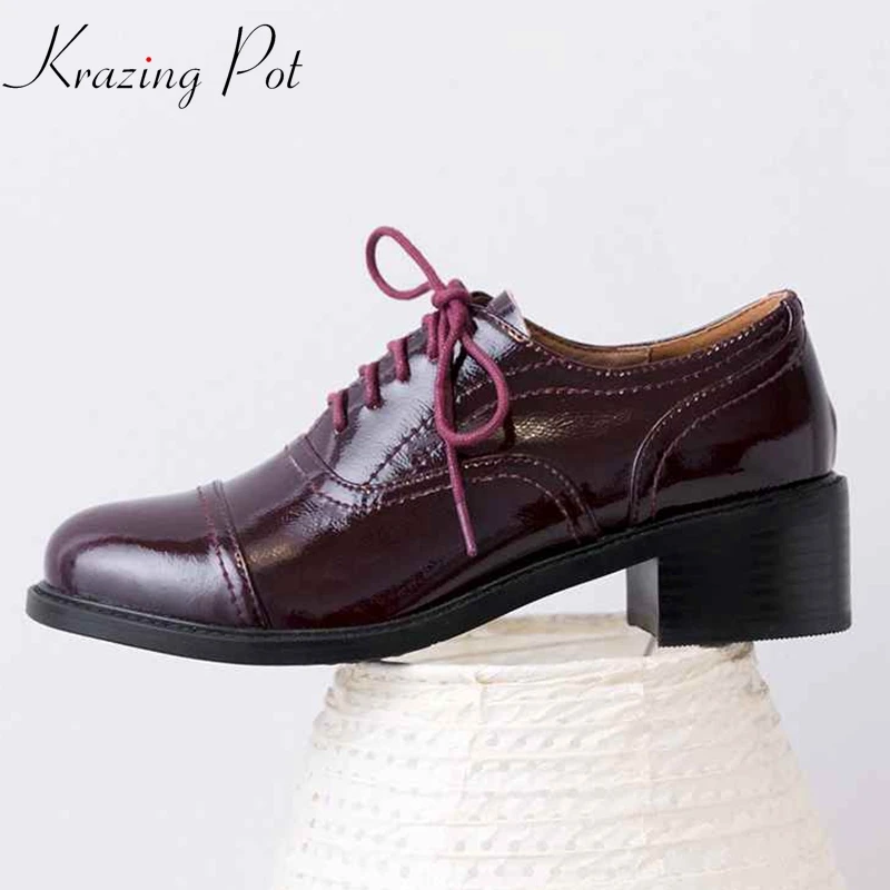 

Krazing Pot new full grain leather med heel round toe women lace up superstar streetwear elegant British school Oxford shoes L32