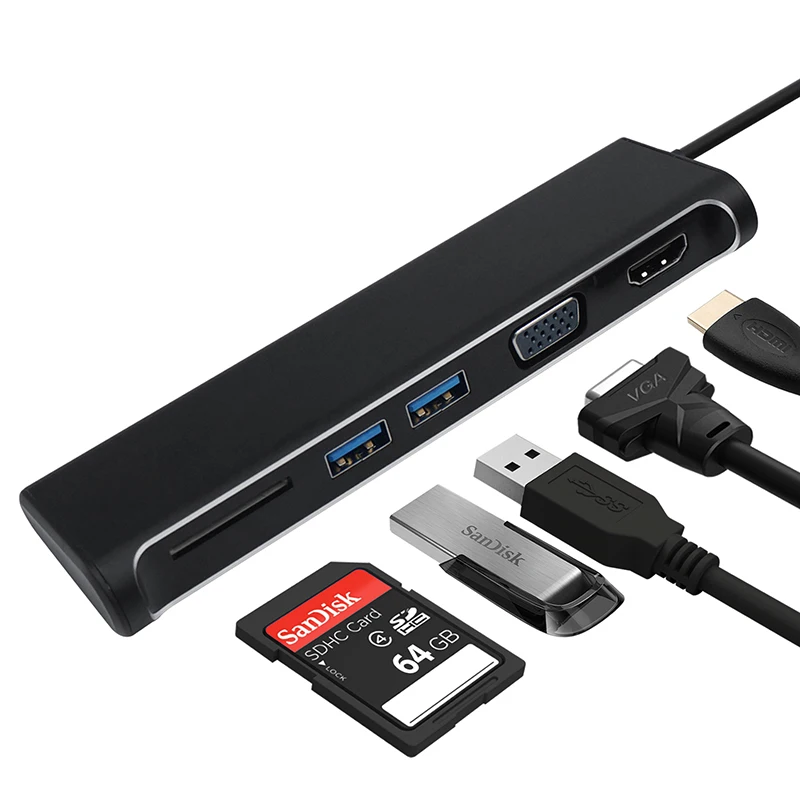 

Amkle USB C HUB USB C 3.1 Type C to HDMI VGA USB 3.0 SD Card Reader Adapter 1080P Video Converter USB 3.0 HUB for Macbook Pro