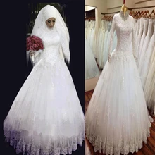 Real Sample High Neck Long Sleeve Muslim Wedding Dress With Hijab 2016 Wedding Gowns Dantel Gelinlik Dubai Kaftan Abiye Beaded