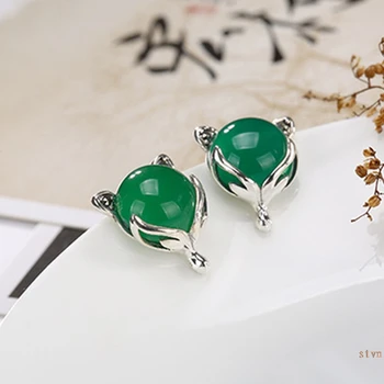 激安 S925 ファインジュエリースタッドピアスエメラルドイヤリングかわいいキツネ動物ハンドメイドヴィンテージの天然エメラルドモルダバイトペリドット