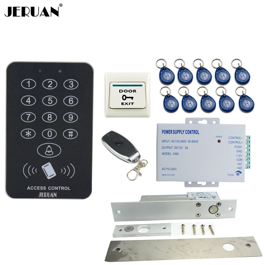 

JERUAN RFID Access Controller Door control system kit + ELectric Drop Bolt lock +Remote control + Exit Button +10 ID Keys