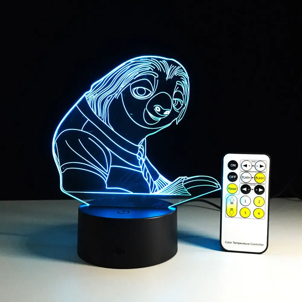 Зверополис мультфильм лень Ночная 3D USB сенсорный выключатель дистанционного Управление акрил 7 цветов градиент Атмосфера лампы освещения