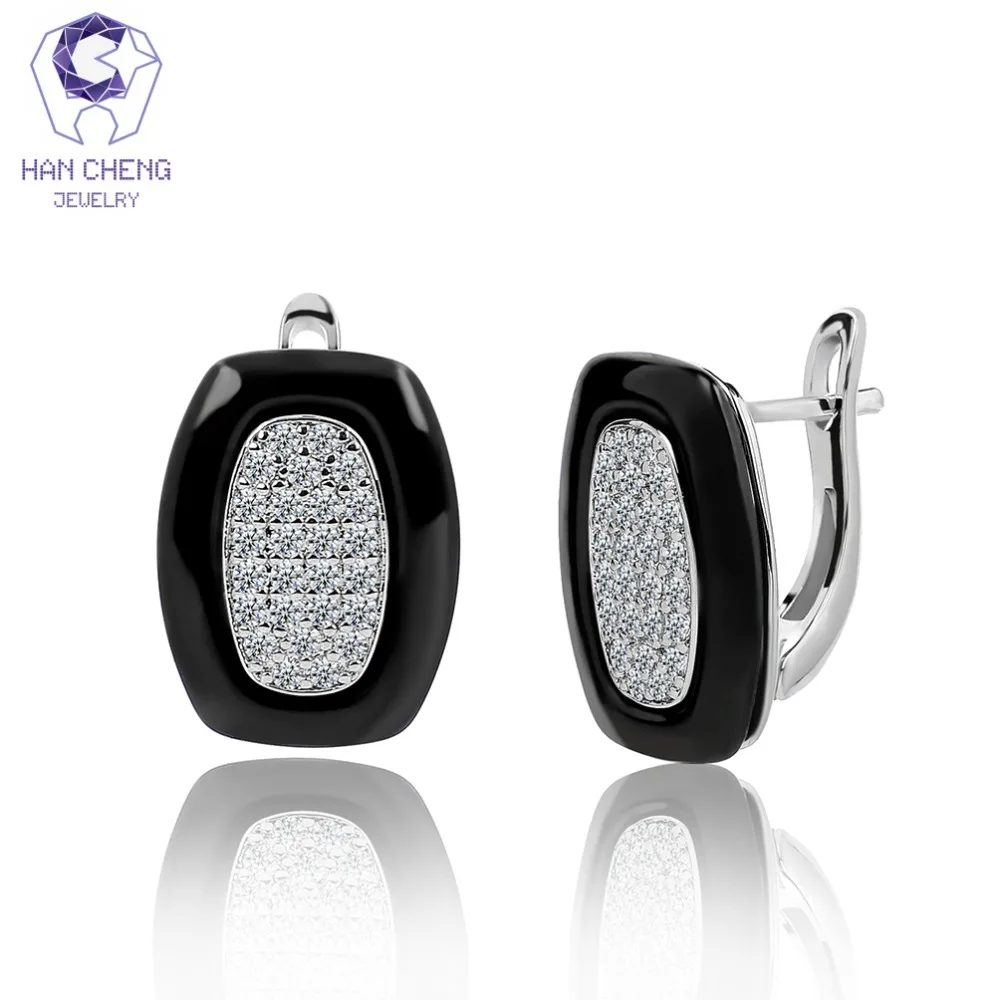

HanCheng New Fashion Luxury Golden Silver Plated Zircon Gem Stone Ceramic Square Stud Earrings For Women Jewelry brincos bijoux