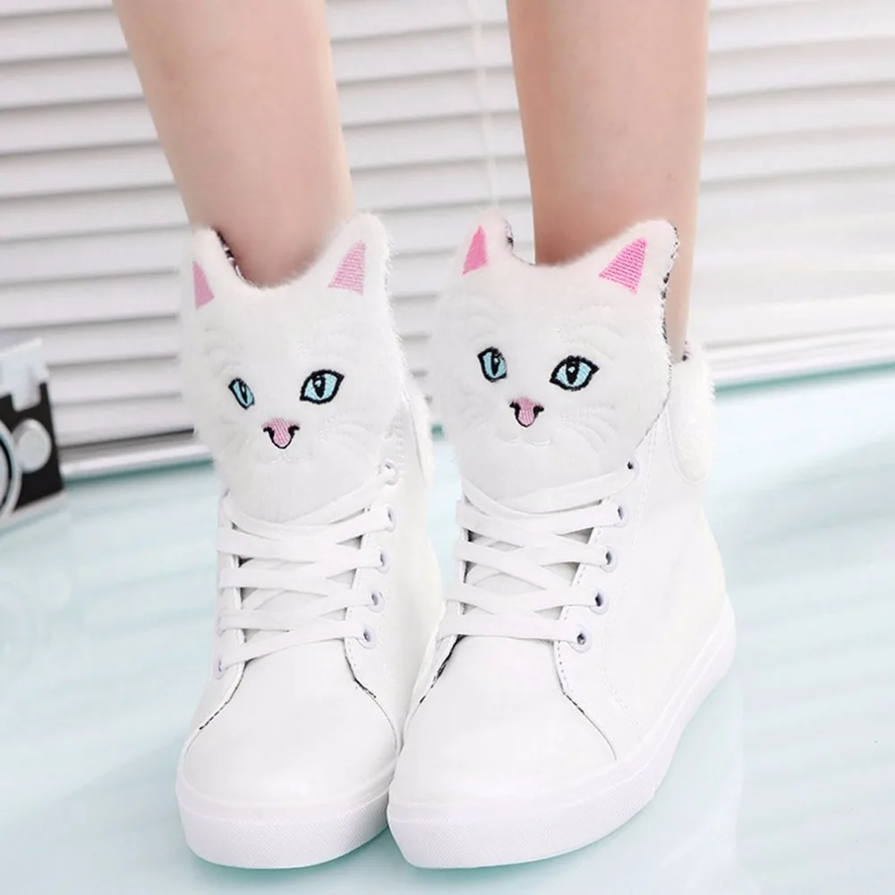 

Female Casual Shoes With Cute Cartoon Cat Ankle Shoes Warm Comfort Women Front Lace-up Casual Shoes For Girl Teenager Hot Sale