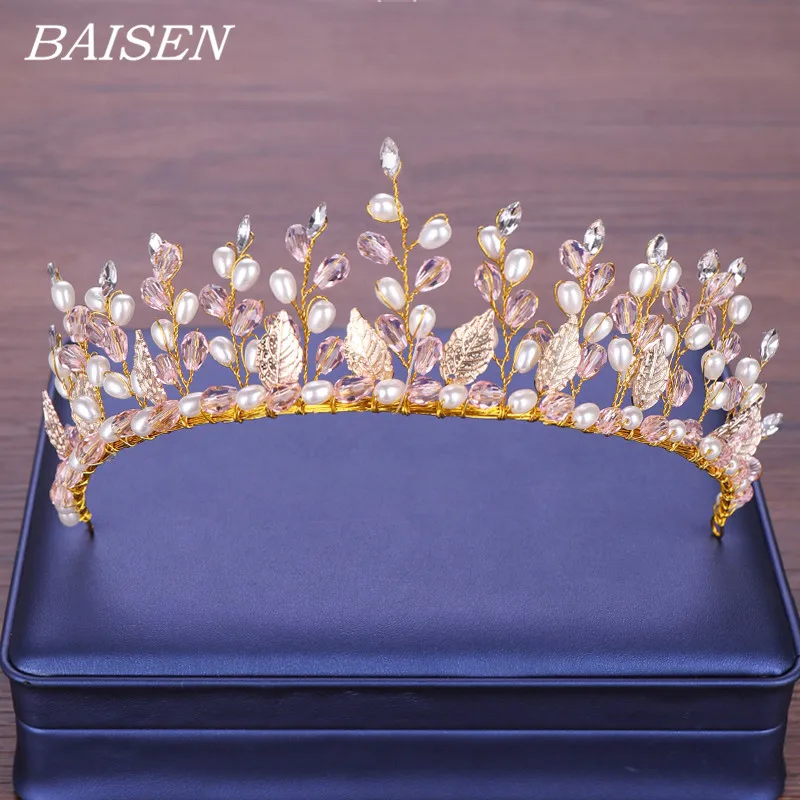 

Wedding Hair Accessories Bride Pearl Tiara Rhinestone Headbands Crown Gold Tiara Wedding Pink Rhinestone Headwear Hair Band Head