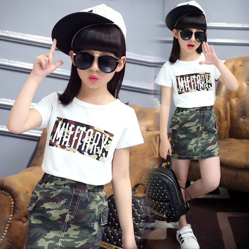 

Girls Clothing Sets Summer Cotton Children O-Neck T-Shirt + Camouflage Skirts 2Pcs Kids Tracksuits For Girls Casual suits