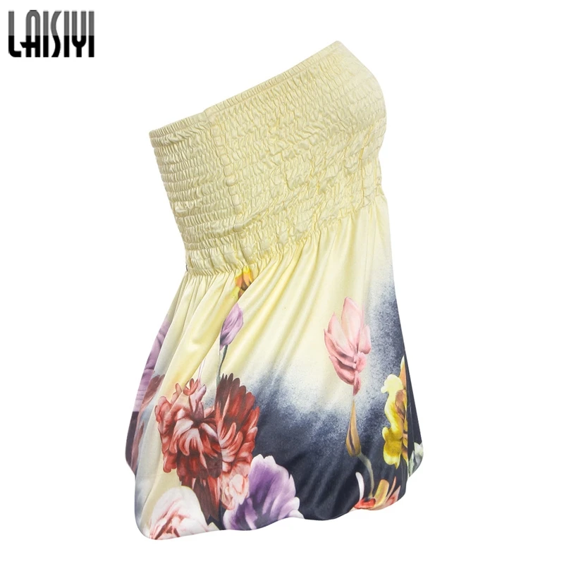 LAISYI Женская Boho печать без бретелек Жилеты Slash шеи Свободная плиссированная летняя майка с бретелями без рукавов Camisoles Бюстье Femme ASVE20728