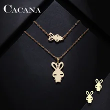 CACANA наборы из нержавеющей стали для женщин, ожерелье в форме кролика, браслет, серьги, ювелирные изделия для влюбленных, обручальное ювелирное изделие S205