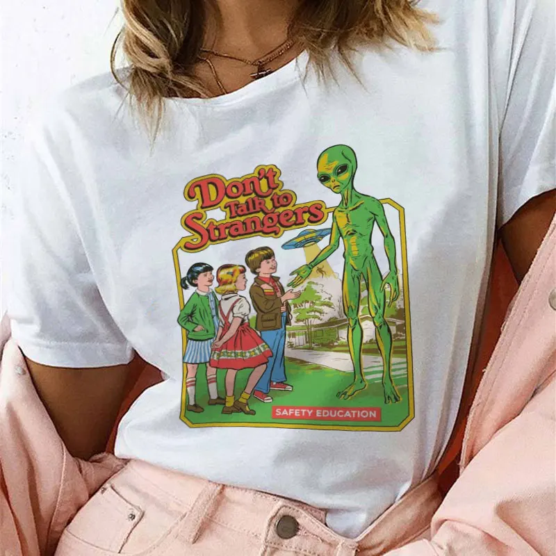 90 s خمر الملابس لا التحدث الغرباء التي شيرت مضحك قمم 80 s نعرفكم تيز س الرقبة تي شيرتات قصيرة الاكمام الأبيض الإناث تي شيرت