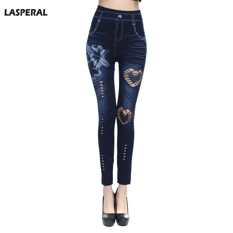 LASPERAL Plus Size Leggings Women Faux Jeans Gothic