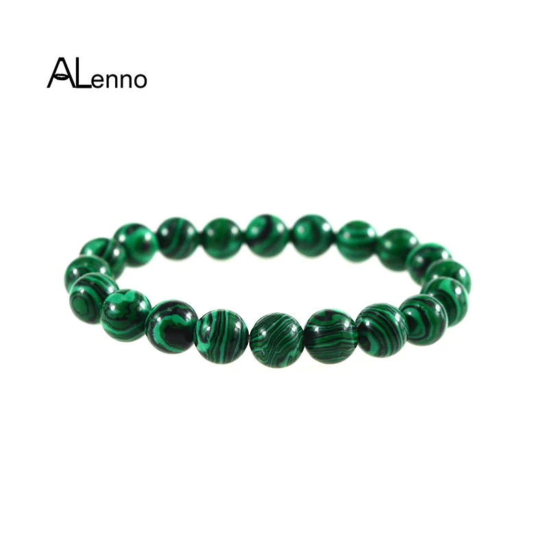 

ALenno 10mm Malachite Stone Bead Strand Charms Bracelets For Women Men Bijou Party Pattern Shamrock Bangle Jewelry Gifts