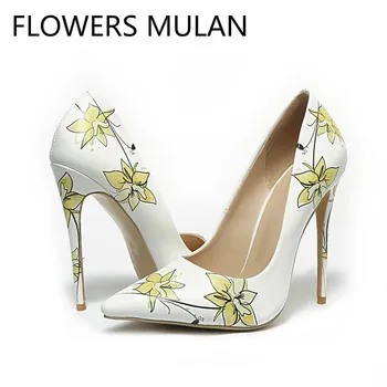 

White Leather Light Yellow Flowers High Heels Pumps Women Chic Pointed Toe Slip on Ladies Banquet Stilettos Wedding Shoes Woman