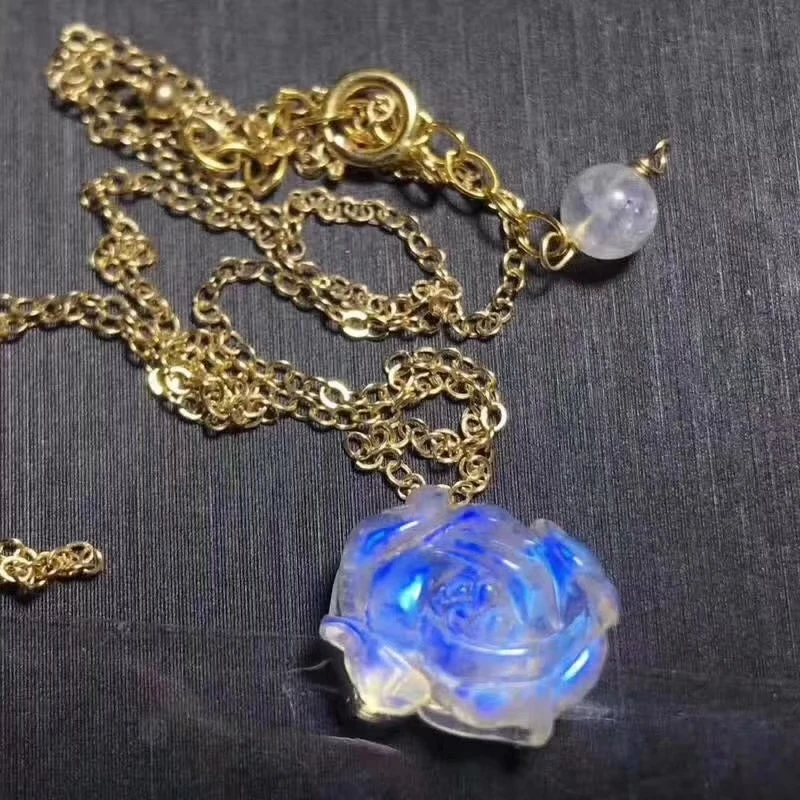 

Natural Moonstone Pendant Women Men Anniversary Party New Gift 15x14m Flower Carved 925 Silver Crystal Necklace Pendant AAAAA