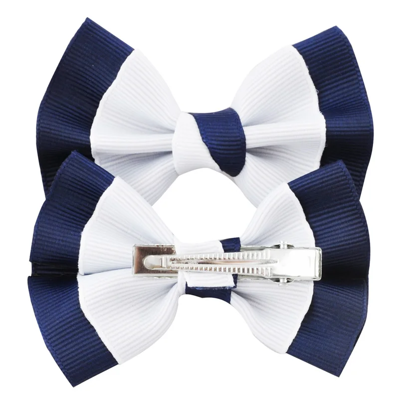 2pcs/lot 3" Little Girls Boutique White Navy Grosgrian Ribbon Hair Bow With Clip For School Children Hair Accessories Hairpins