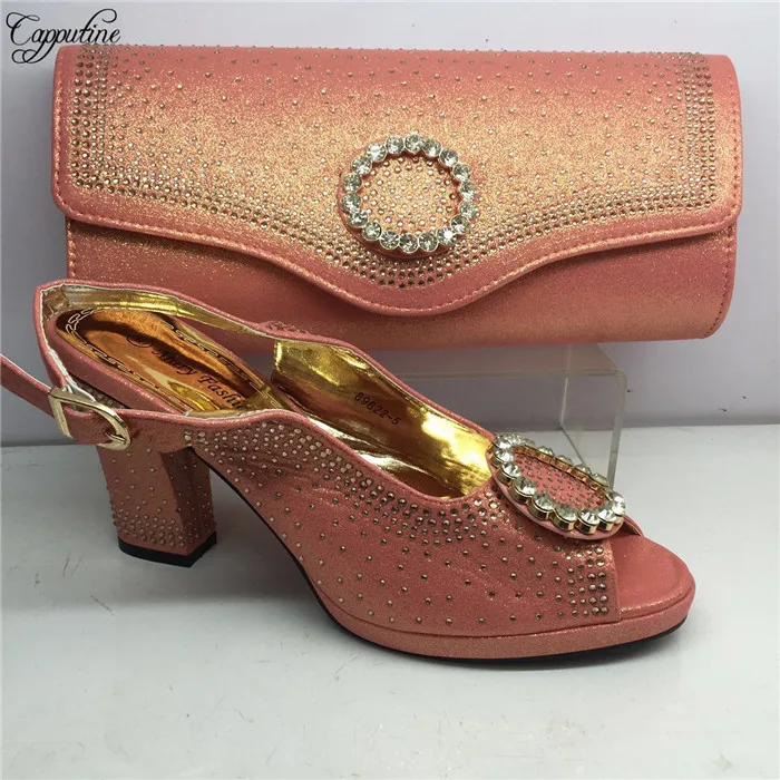 peach sandals and bag