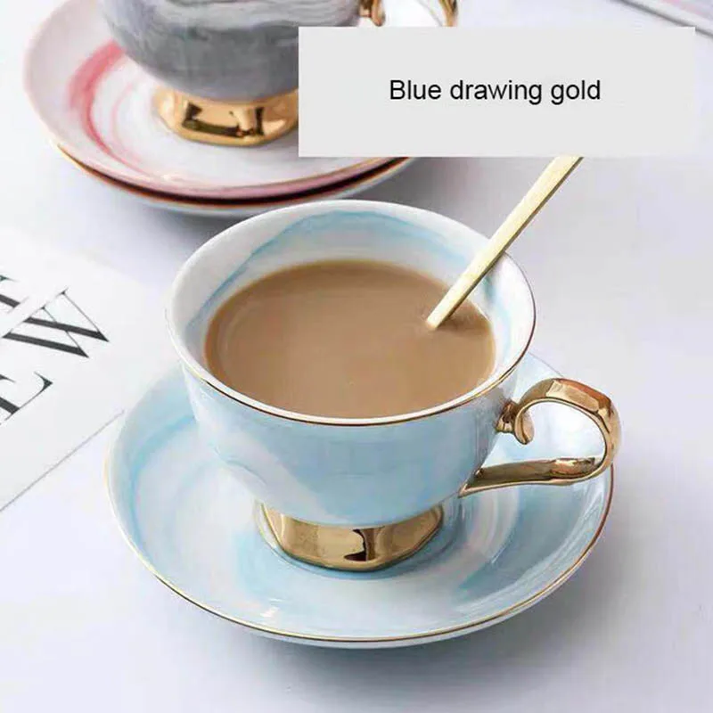 ICESTCHEF 200 мл керамическая кофейная кружка с блюдцем кофейная молочная чашка с золотым краем фарфоровая кружка посуда для напитков - Цвет: Blue
