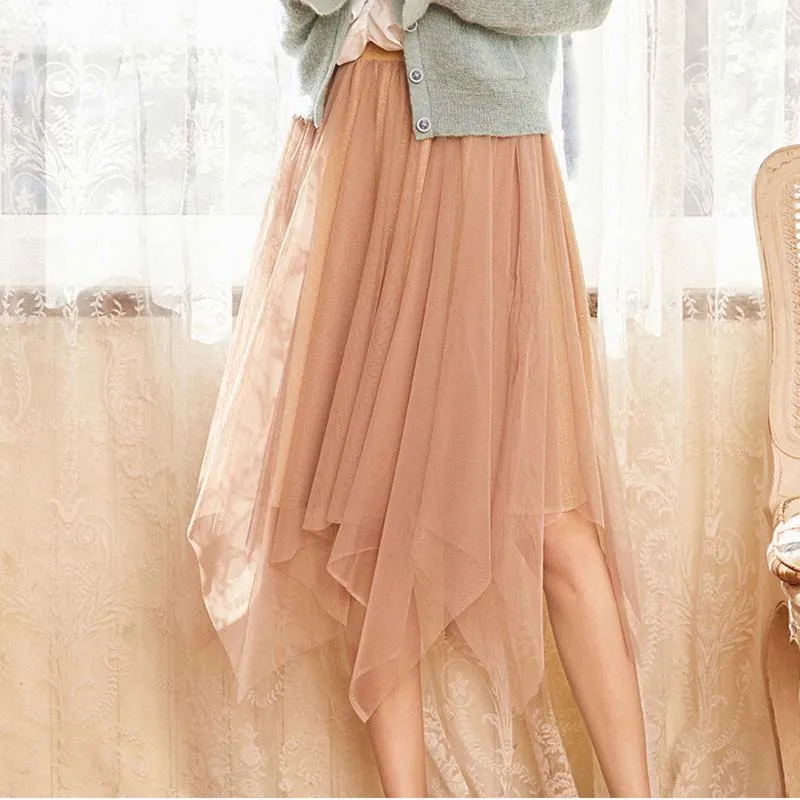 

ARTKA Summer New Pink Asymmetrical Pleated Gauzy Veil Skirt QA10584C