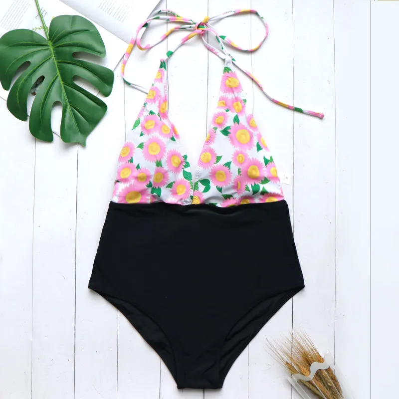 

2019 Sexy Swimsuit Women One Piece Bodysuit Push Up Monokini Halter Cross Floral Print Bathing Suits Female Beachwear