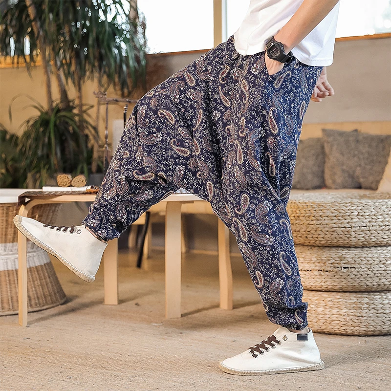 

LOLDEAL Spring Summer Hanging Pants Chinese Style Casual Loose Nepal Pants Linen Pants Men's Big Pants