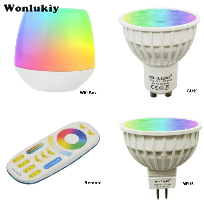 Mi Light GU10 MR16 4 Вт RGB + CCT (CW WW) Светодиодная лампа AC85V-265V 2 4G RF Wifi Пульт дистанционного