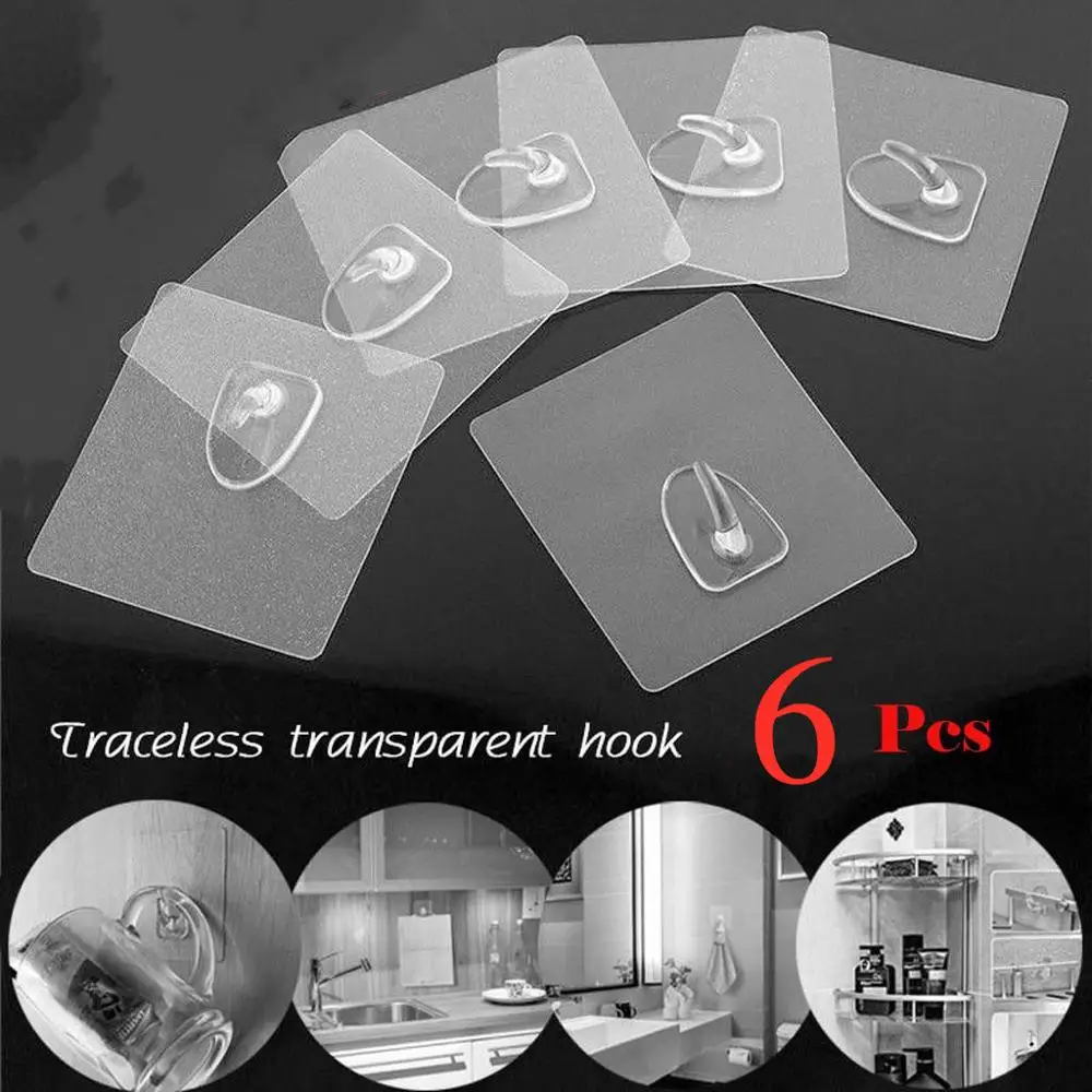 

6pcs Transparent Seamless Wall Door Hook Self Adhesive Strong Sticking Hook Wall Hanging Hanger For Kitchen Bathroom