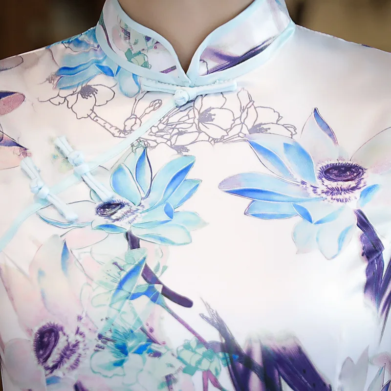 Chino tradicional cheongsam Satén de seda de señora vestido mujeres verano largo baile vestido - 6