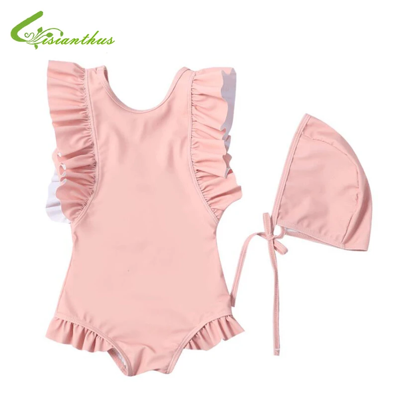 

2019 Kids Baby Girls One-Piece Swimsuit Solid Color Ruffles Bikini Childrens Swimwear Girls Beach Wear Swimming Suit Costumes