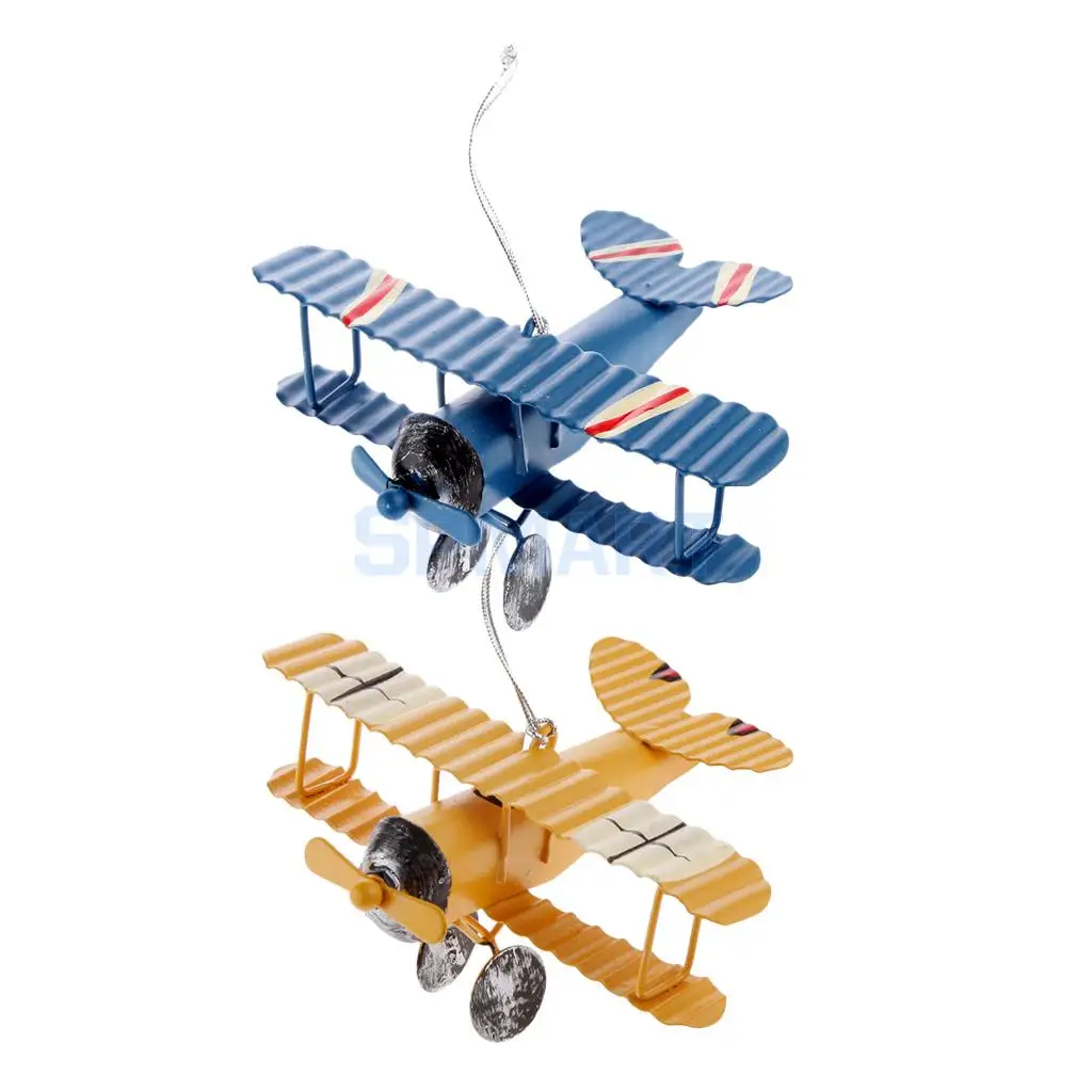 Miniature Yellow&Blue Metal Biplane Model Pendent String Hanging