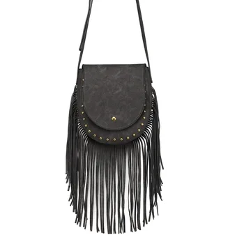

Miss Lulu Women Fringe Tassel Cross Body Bags PU Leather Stud Messenger Shoulder Bag Ladies Fashion Small Saddle Hobo Bag YD6816