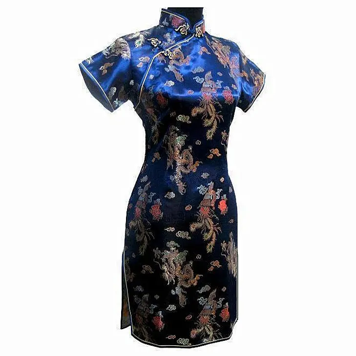 Женское вечернее платье Cheong sam светло синее мини из сатина и полиэстера Qipao Dragon