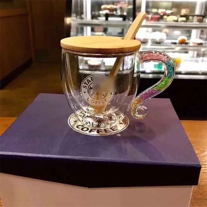 En Ligne Arc en ciel poignée classique tasse à café sirène motif lait verre tasses nouveauté cadeaux en céramique lait thé Double couche tasses YC5272