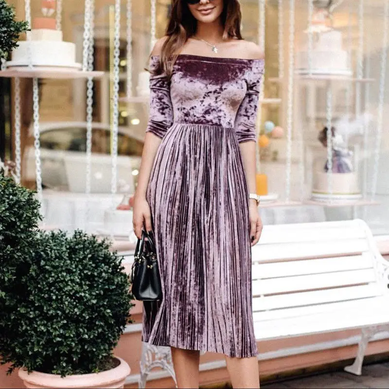 Для женщин off-Shoulder Velvet сарафан торжественное платье дамы Вечеринка длинные плиссированные платья линии Винтажные наряды