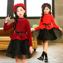 Новое плотное теплое детское платье для девочек новые бархатные платья принцессы на осень-зиму вечерние платья с длинными рукавами из сетчатой ткани красного и черного цвета От 4 до 13 лет