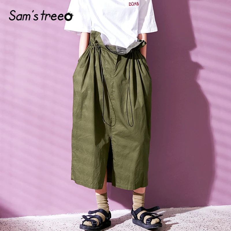 Samstree, повседневная, летняя, хлопковая, прямая, Женская юбка, для девушек, винтажная, Vestidos, Империя, зеленая, для женщин, с разрезом внизу