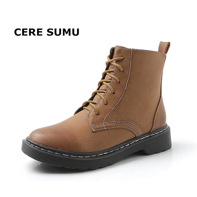 

Spring Winter Women PU Leather Zip Laceup Ankle Boots Round Toe Ladies Martin Motorcycle Fur Lined Boots Shoes Women Size 34-43