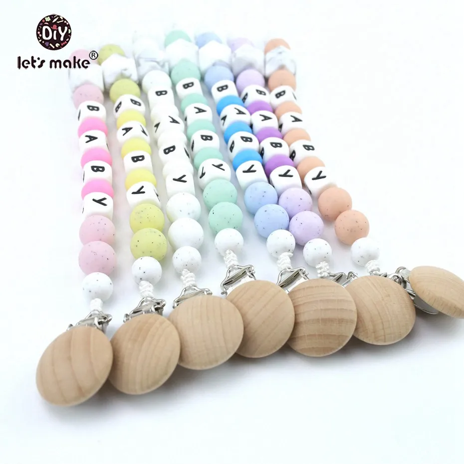 

Let's Make 1PC Baby Teether Customize Name Nursing Pacifier Chain Perle Silicone Beads Natural Wooden Pacifier Clip Nurse Gift