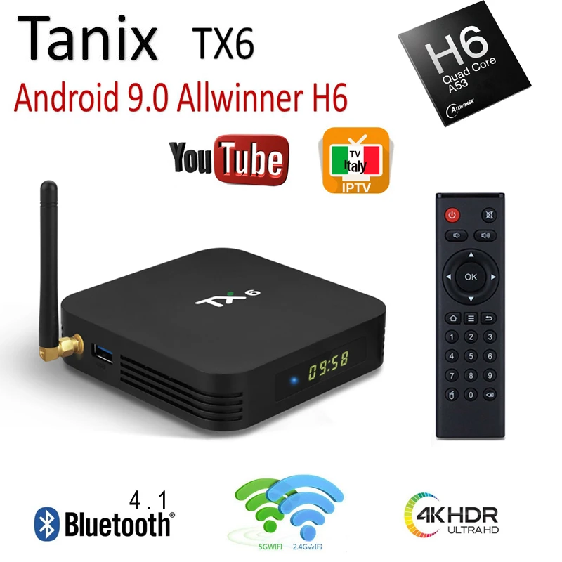 

Tanix TX6 smart tv box Android 9.0 Allwinner H6 Dual Wifi tv box TX6 Set Top Box youtube USB3.0 BT4.1 4GB 32GB/64GB Android tv