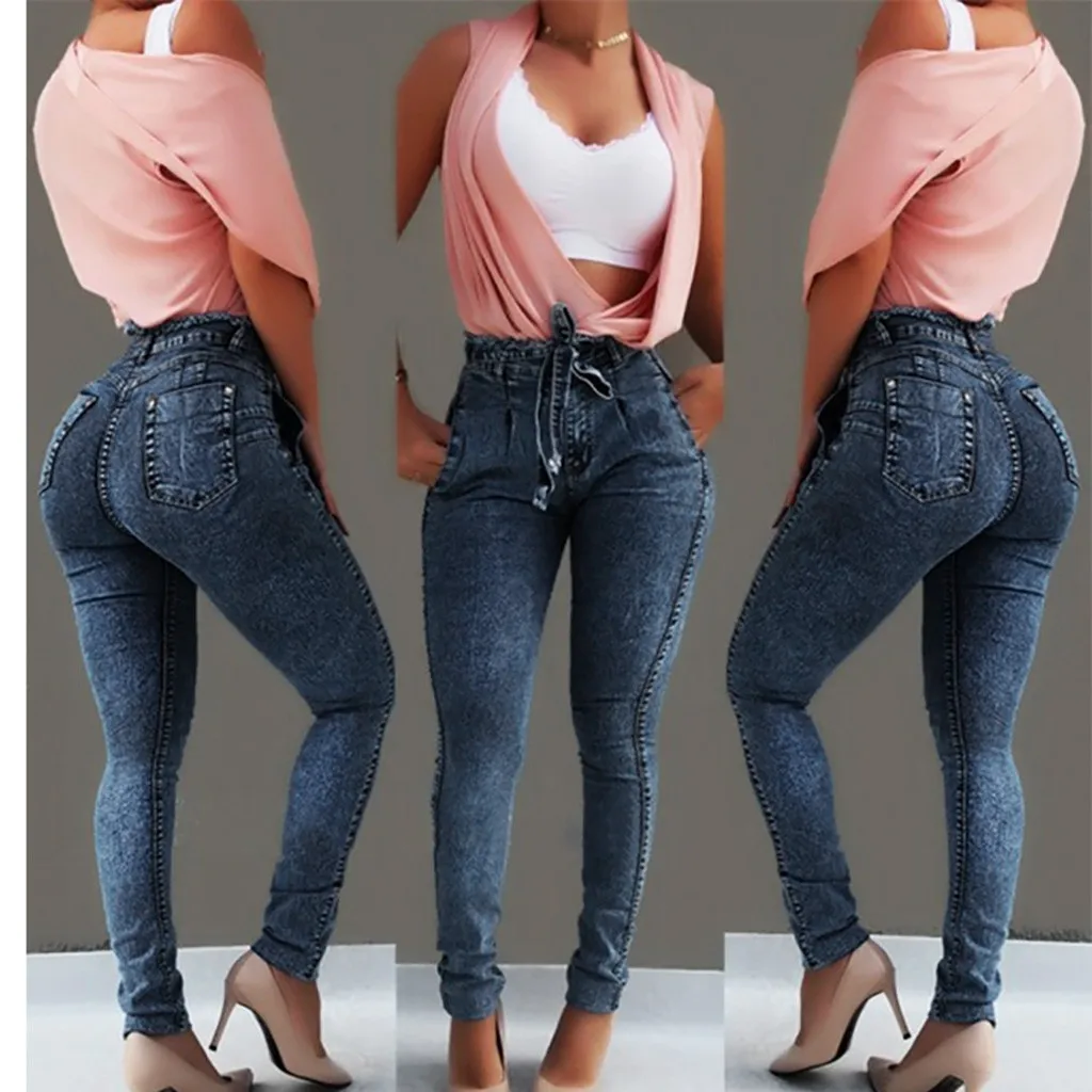 

Women retro simple high waist Elastic Button Tassel Loose Straight Denim Casual Small Feet Slim Fit Jeans with Button 20H