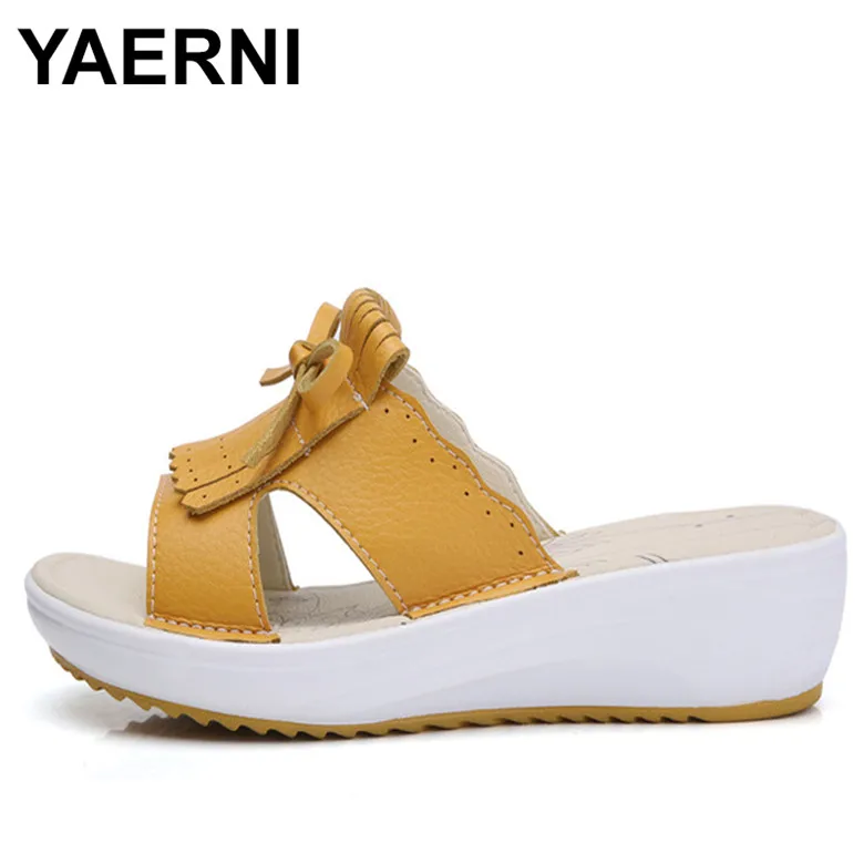 YAERNI/; летние женские босоножки на плоской подошве; белые кожаные Балетки с круглым носком; сандалии-шлепанцы с бахромой; женские Вьетнамки; 856 - Цвет: Цвет: желтый