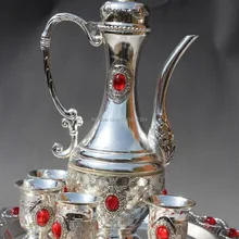 Урожай тибет-серебро Ручной Работы цветок Бисер Декор медный Чайник Кубок Наборы