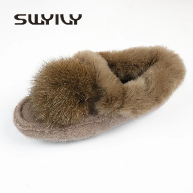 SWYIVY Rabbit Fur Retro Loafers Shoes Woman Winter 2018 Fur Ball Female Luxury Casual Cotton Padded Shoes Warm Snow Flat Loafers