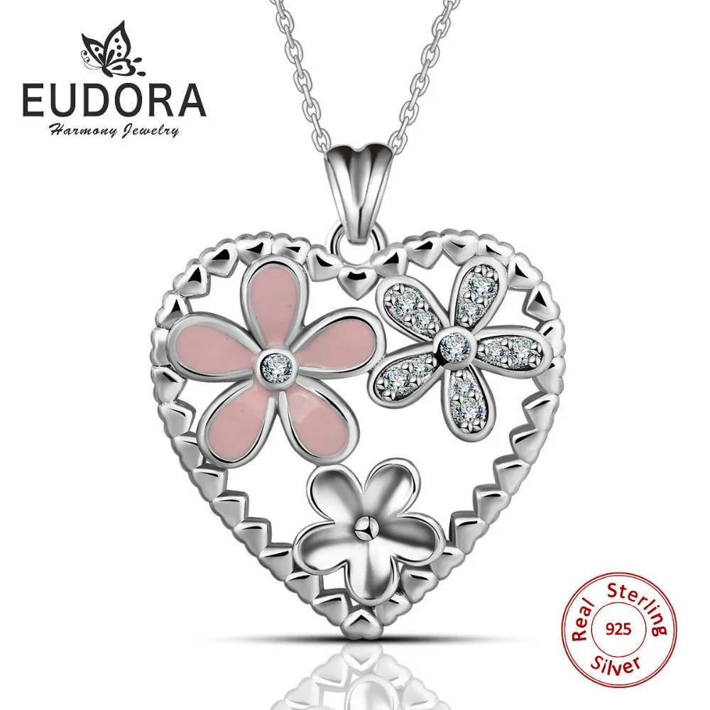 

Eudora Heart Pendant 925 Sterling Silver Color Wedding Jewelry Women Necklaces Crystal Jewelry Cherry Blossoms Flowers Pendants