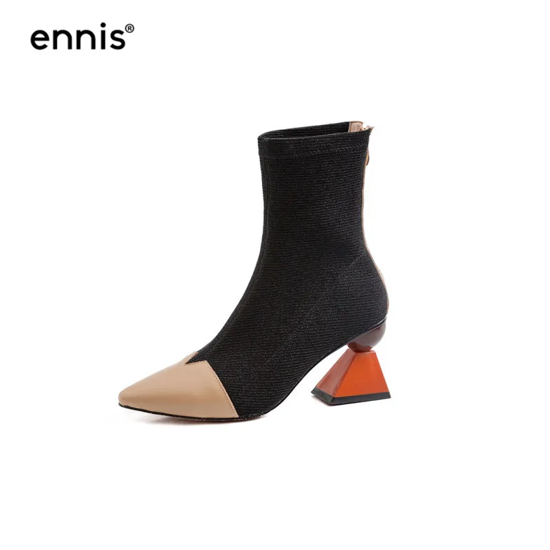 ENNIS/ г. ботинки на высоком каблуке женские ботинки из эластичной ткани женские ботильоны с острым носком черная обувь на молнии Осенняя модная новинка, A944 - Цвет: Apricot