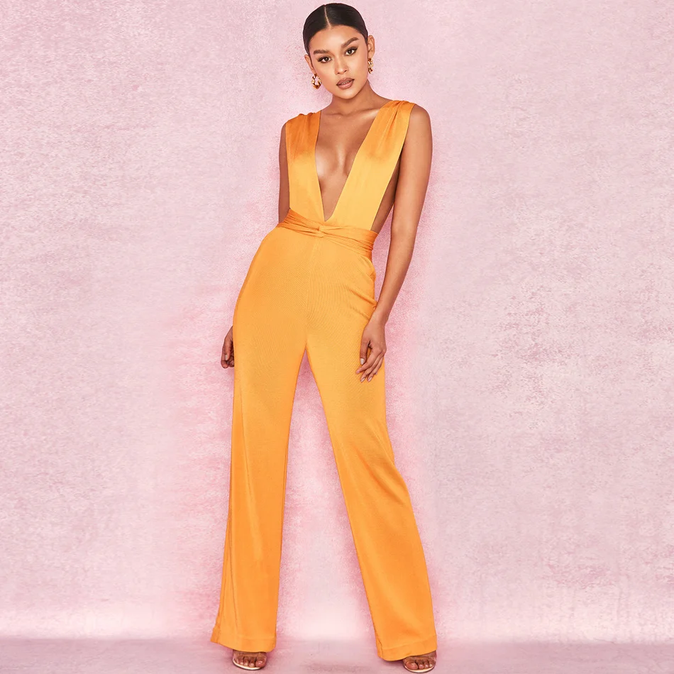 

Endearing Chic Tight Waist V Neck Straight Leg Sleeveless Ruched V Back Bandage Long Leg Sheath Jumpsuit