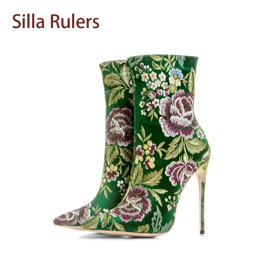 

Silla Rulers Supper High Heel Pointed Toe Floral Women Ankle Boots Silk Embroider Thin Heel Party Shoes Flowers Ladies Boots