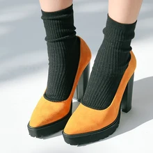 2017 Black Green Brown Women Pumps High Heel Shoes Flock Pointed Toe Platform Block Heels Shoes Woman Causal Anti Slip Shoes