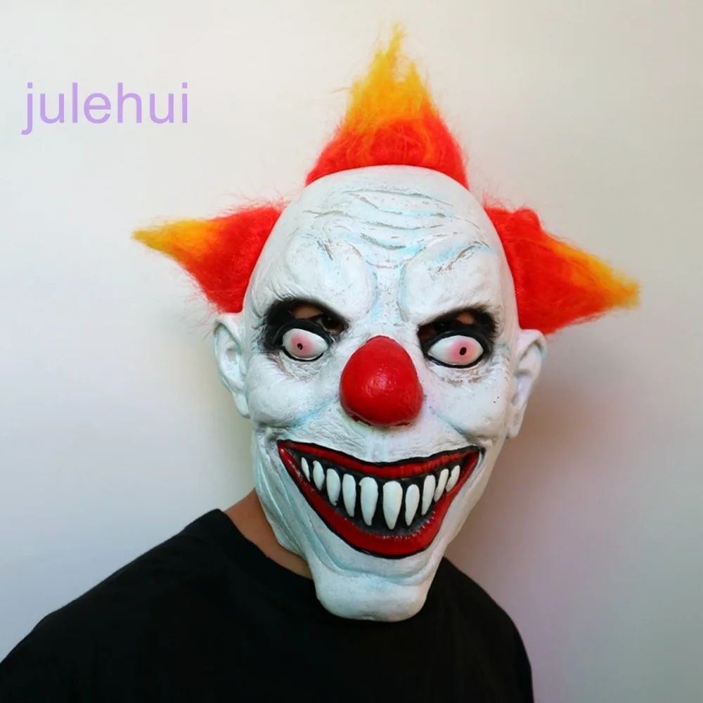 Killer Clown Mask Adult Mens Latex Orange Hair Halloween Prank
