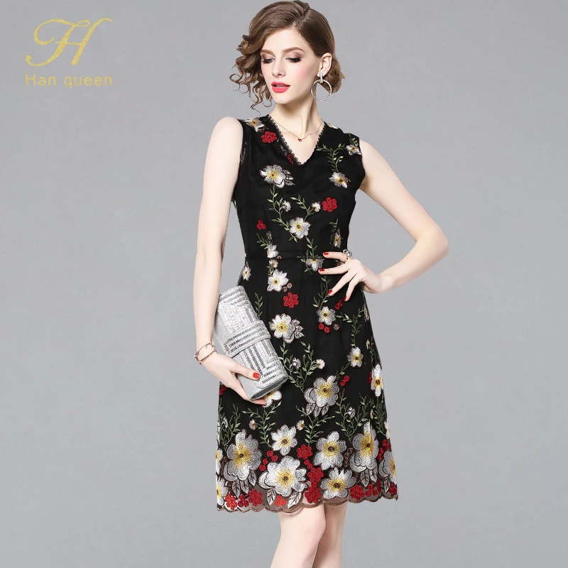

H Han Queen New Arrival Sleeveless Vintage Dresses Elegant V-neck Floral Embroider Dress Women Slim A-Line Knee-length Vestidos